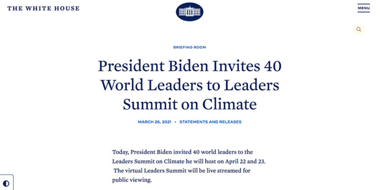  The White House ／President Biden Invites 40 World Leaders to Leaders Summit on Climate 